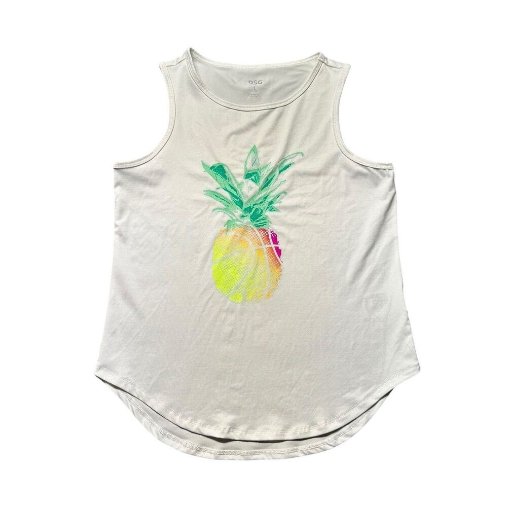 DSG Girls Tank Top Size L 14 White Pineapple Graphic Activewear Polyester Blend